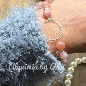 Peach moonstone adjustable silver charm bracelet